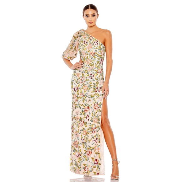Mac Duggal One Shoulder Floral Embellished Gown Nude Multi Size 10 NWT - Picture 3 of 12